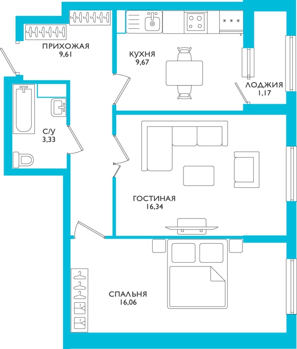Планировка 2-комнатные квартиры, 56.18 m2 в ЖК AQ-DIDAR, в г. Нур-Султана (Астаны)