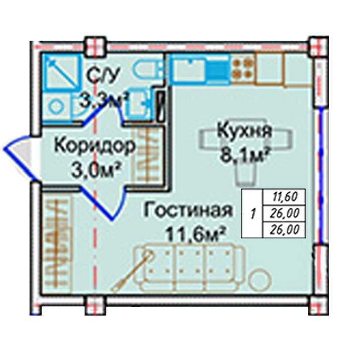 Планировка 1-комнатные квартиры, 26 m2 в Клубный дом Pine Hill, в г. Алматы