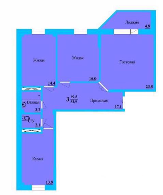 Планировка 3-комнатные квартиры, 92.5 m2 в ЖК Радужный квартал, в г. Кокшетау