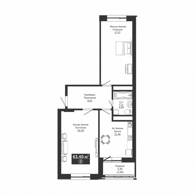 Планировка 2-комнатные квартиры, 63.4 m2 в ЖК Oner, в г. Нур-Султана (Астаны)