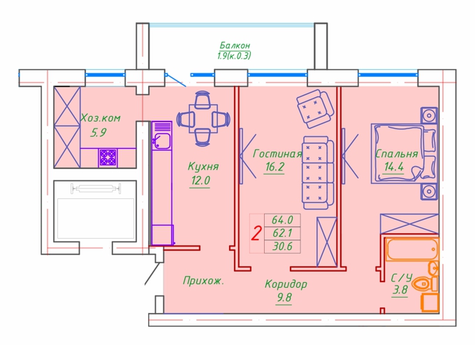 Планировка 2-комнатные квартиры, 64 m2 в ЖК Washington, в г. Нур-Султана (Астаны)
