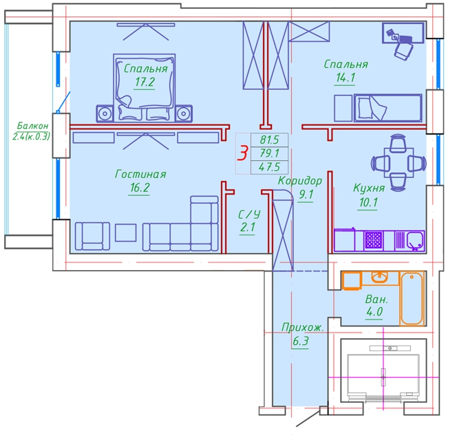 Планировка 3-комнатные квартиры, 81.5 m2 в ЖК Washington, в г. Нур-Султана (Астаны)