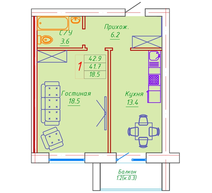 Планировка 1-комнатные квартиры, 42.9 m2 в ЖК Washington, в г. Нур-Султана (Астаны)