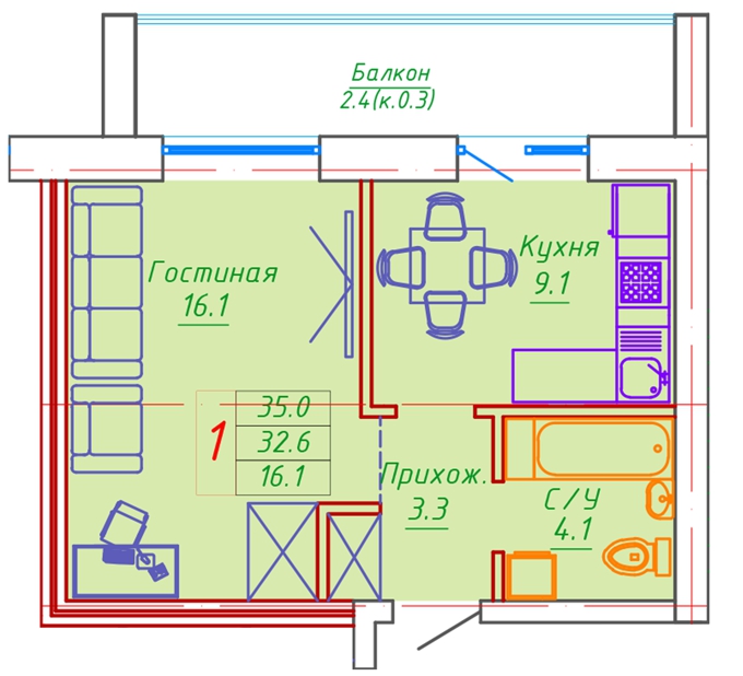 Планировка 1-комнатные квартиры, 35 m2 в ЖК Washington, в г. Нур-Султана (Астаны)