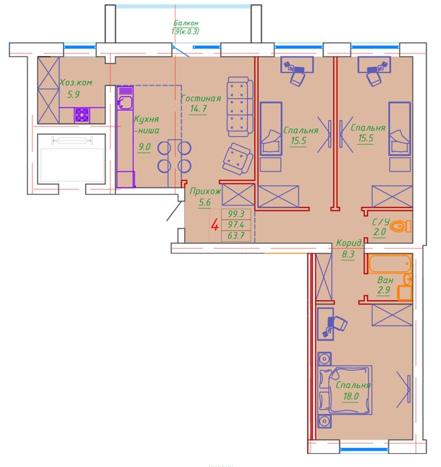 Планировка 4-комнатные квартиры, 99.3 m2 в ЖК Washington, в г. Нур-Султана (Астаны)