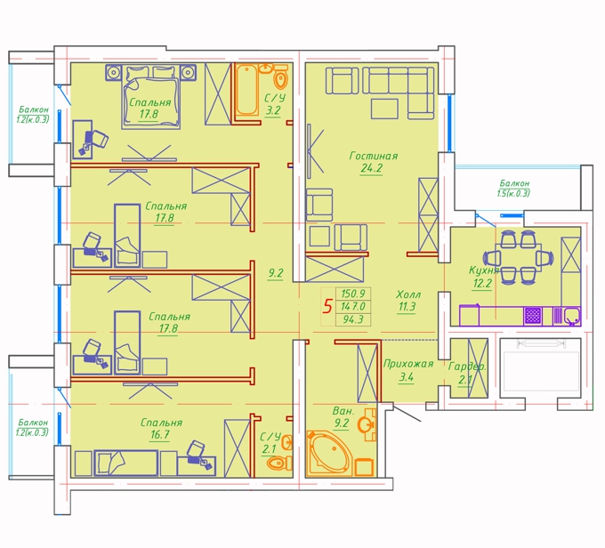 Планировка 5-комнатные квартиры, 150.9 m2 в ЖК Washington, в г. Нур-Султана (Астаны)