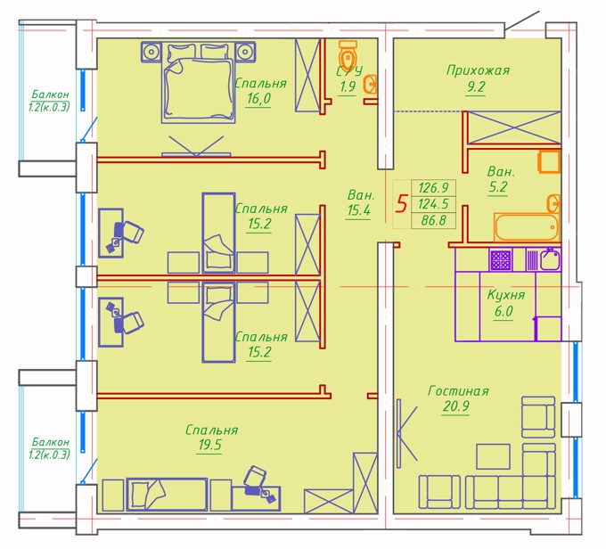 Планировка 5-комнатные квартиры, 126.9 m2 в ЖК Washington, в г. Нур-Султана (Астаны)