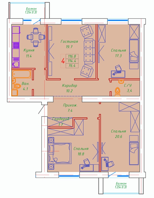 Планировка 4-комнатные квартиры, 116.8 m2 в ЖК Washington, в г. Нур-Султана (Астаны)