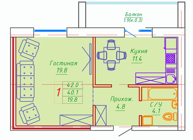 Планировка 1-комнатные квартиры, 42 m2 в ЖК Washington, в г. Нур-Султана (Астаны)