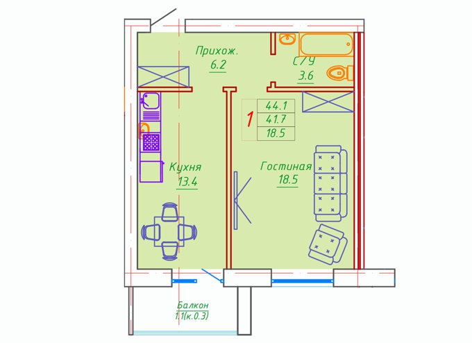 Планировка 1-комнатные квартиры, 44.1 m2 в ЖК Washington, в г. Нур-Султана (Астаны)