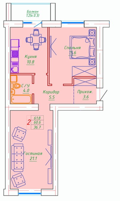 Планировка 2-комнатные квартиры, 61.8 m2 в ЖК Washington, в г. Нур-Султана (Астаны)