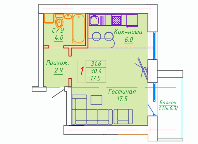 Планировка 1-комнатные квартиры, 31.6 m2 в ЖК Washington, в г. Нур-Султана (Астаны)