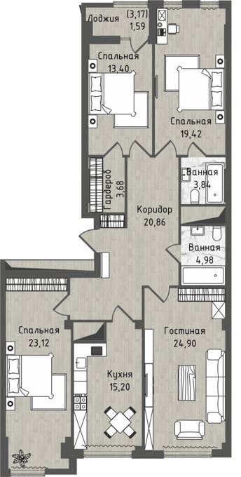 Планировка 4-комнатные квартиры, 128.99 m2 в ЖК Europe city, в г. Нур-Султана (Астаны)