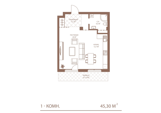Планировка 1-комнатные квартиры, 45.3 m2 в ЖК Koktobe City, в г. Алматы