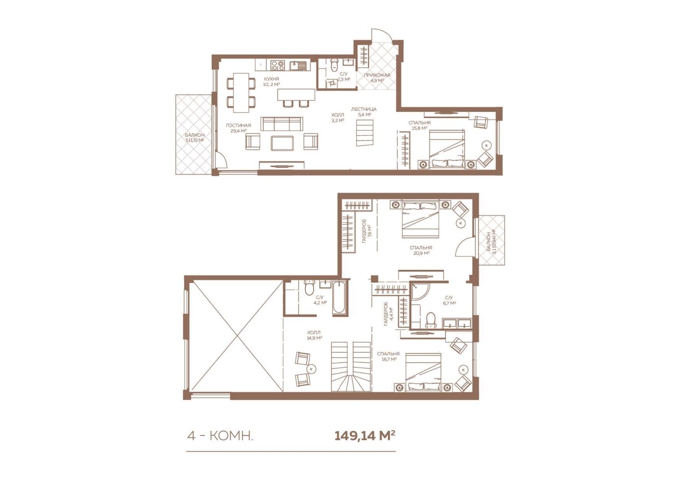 Планировка 4-комнатные квартиры, 151.04 m2 в ЖК Koktobe City, в г. Алматы
