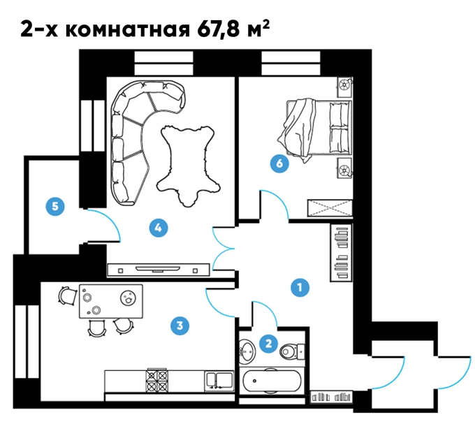 Планировка 2-комнатные квартиры, 67.8 m2 в ЖК Столичный 2, в г. Павлодара