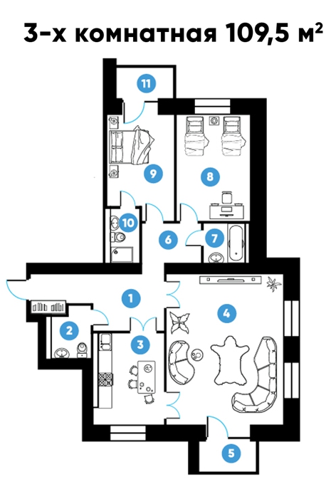 Планировка 3-комнатные квартиры, 109.5 m2 в ЖК Столичный 2, в г. Павлодара