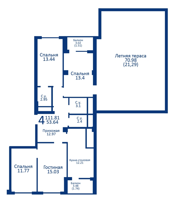Планировка 4-комнатные квартиры, 111.81 m2 в ЖК Новый город 2, в г. Караганды