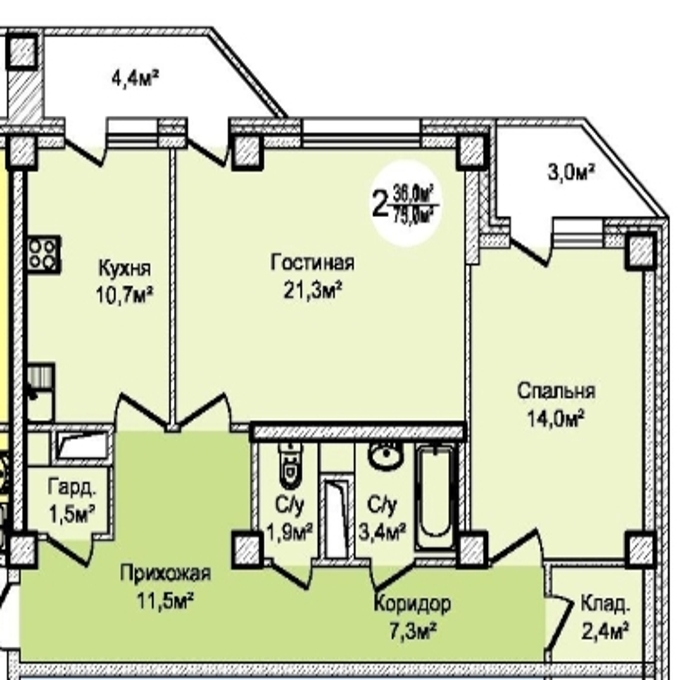 Планировка 2-комнатные квартиры, 75 m2 в ЖК Аққайын, в г. Петропавловска