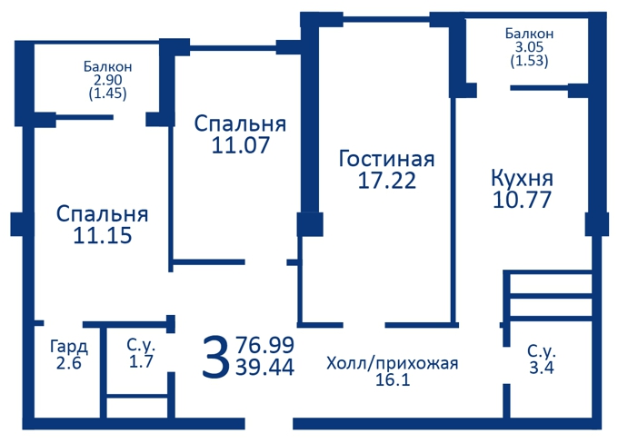 Планировка 3-комнатные квартиры, 76.99 m2 в ЖК Новый город 2, в г. Караганды