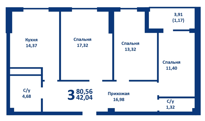 Планировка 3-комнатные квартиры, 80.56 m2 в ЖК Новый город 2, в г. Караганды