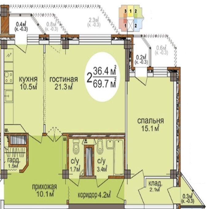 Планировка 2-комнатные квартиры, 69.7 m2 в ЖК Аққайын, в г. Петропавловска