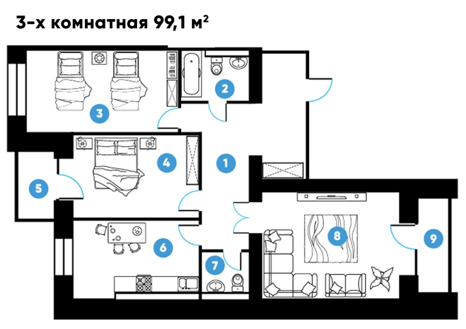 Планировка 3-комнатные квартиры, 99.1 m2 в ЖК Столичный, в г. Караганды
