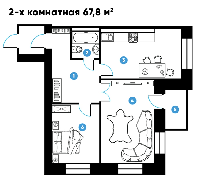 Планировка 2-комнатные квартиры, 67.8 m2 в ЖК Столичный, в г. Караганды