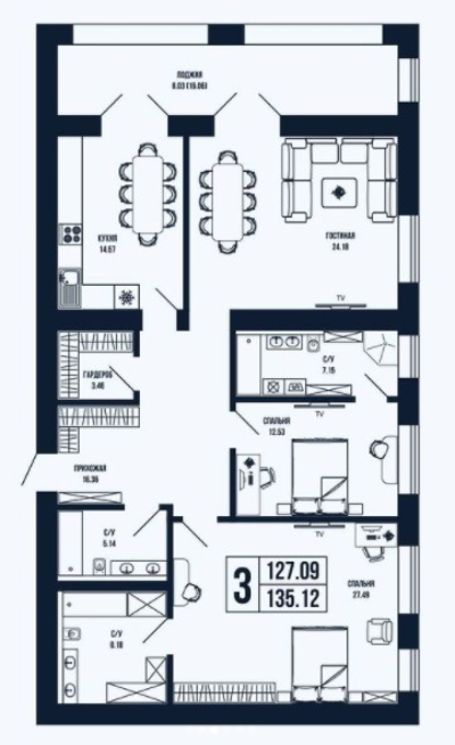 Планировка 3-комнатные квартиры, 127.09 m2 в ЖК Florence, в г. Нур-Султана (Астаны)