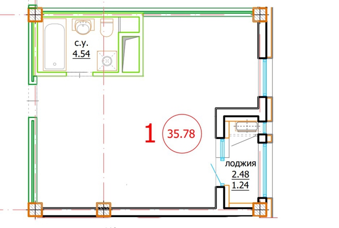 Планировка 1-комнатные квартиры, 35.78 m2 в ЖК Привокзальный, в г. Нур-Султана (Астаны)