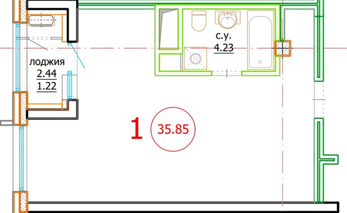 Планировка 1-комнатные квартиры, 35.85 m2 в ЖК Привокзальный, в г. Нур-Султана (Астаны)