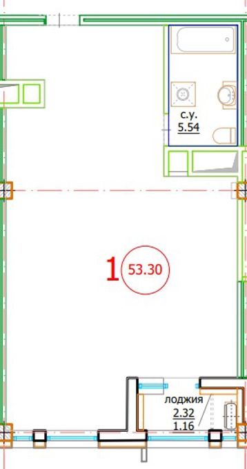 Планировка 1-комнатные квартиры, 53.3 m2 в ЖК Привокзальный, в г. Нур-Султана (Астаны)