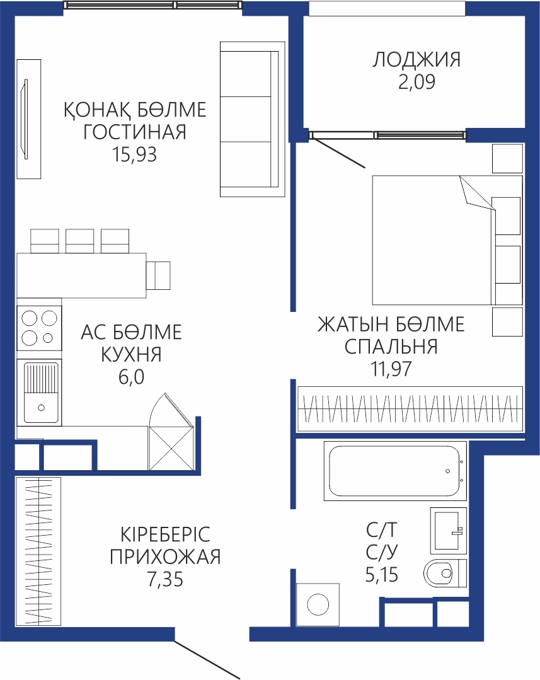 Планировка 2-комнатные квартиры, 48.49 m2 в Aqualina Resort, в г. Актау