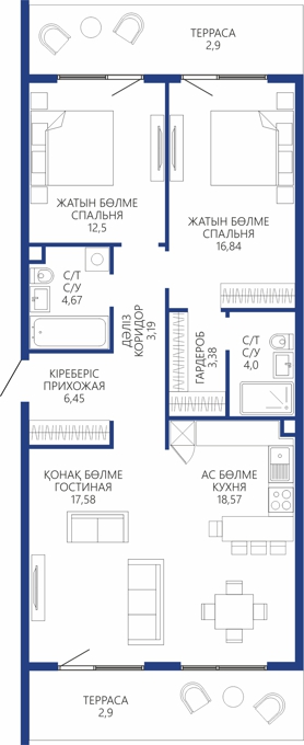 Планировка 3-комнатные квартиры, 92.98 m2 в Aqualina Resort, в г. Актау