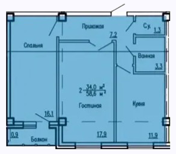 Планировка 2-комнатные квартиры, 58.6 m2 в Клубный дом Женева, в г. Нур-Султана (Астаны)