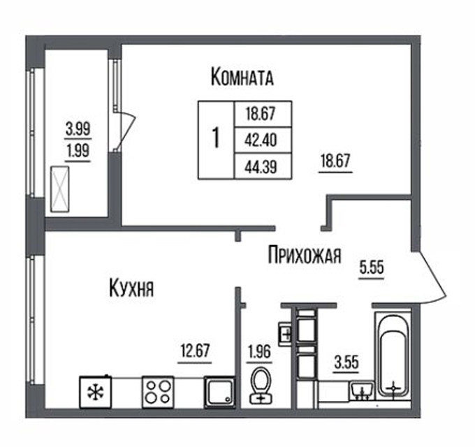Планировка 1-комнатные квартиры, 44.39 m2 в ЖК Grand Victoria, в г. Нур-Султана (Астаны)