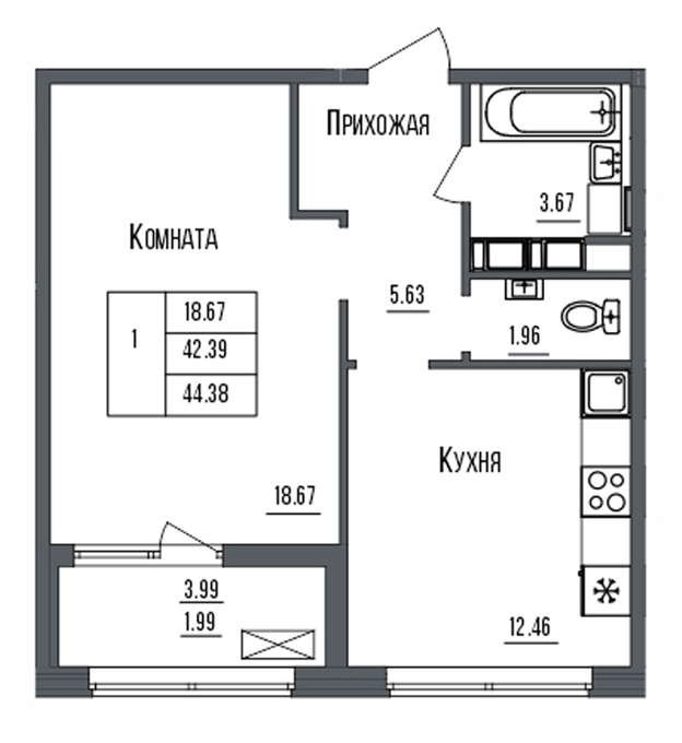 Планировка 1-комнатные квартиры, 44.38 m2 в ЖК Grand Victoria, в г. Нур-Султана (Астаны)