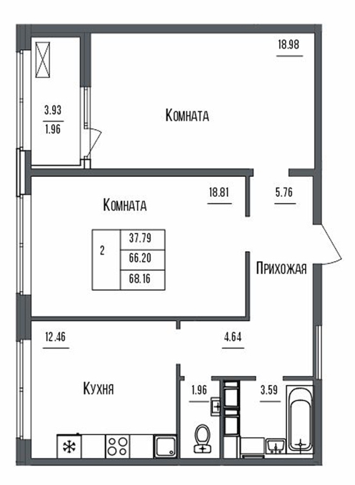 Планировка 2-комнатные квартиры, 68.16 m2 в ЖК Grand Victoria, в г. Нур-Султана (Астаны)