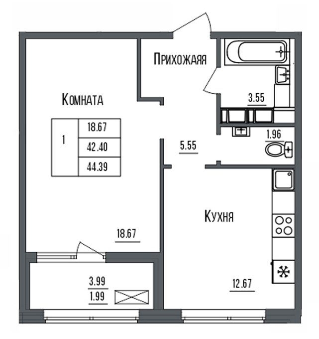 Планировка 1-комнатные квартиры, 44.39 m2 в ЖК Grand Victoria, в г. Нур-Султана (Астаны)