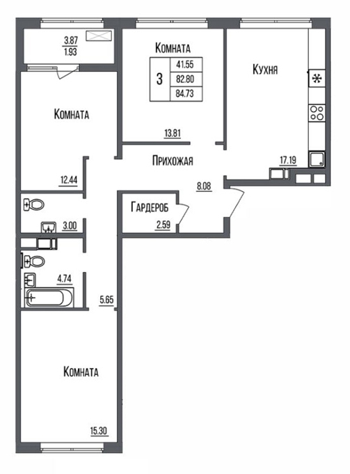 Планировка 3-комнатные квартиры, 84.73 m2 в ЖК Grand Victoria, в г. Нур-Султана (Астаны)