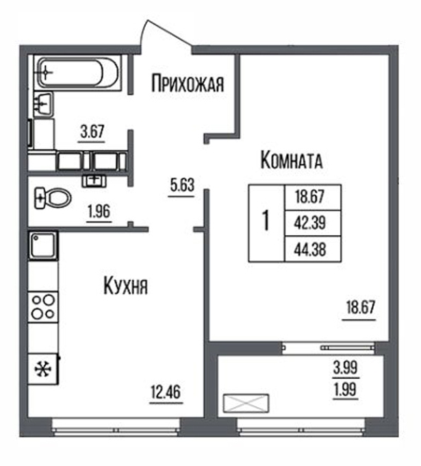 Планировка 1-комнатные квартиры, 44.38 m2 в ЖК Grand Victoria, в г. Нур-Султана (Астаны)