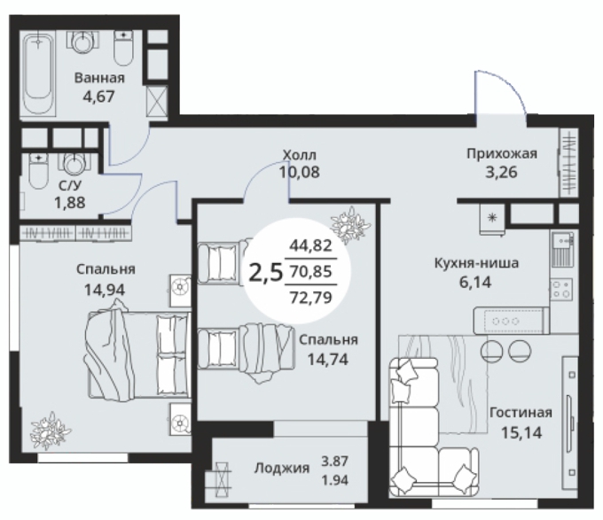 Планировка 2-комнатные квартиры, 72.79 m2 в ЖК Athletic City, в г. Нур-Султана (Астаны)