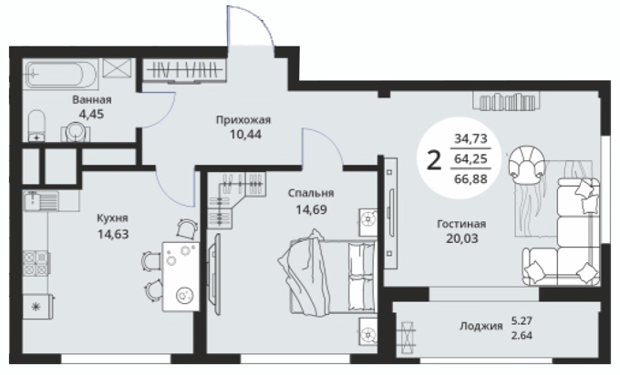 Планировка 2-комнатные квартиры, 66.88 m2 в ЖК Athletic City, в г. Нур-Султана (Астаны)