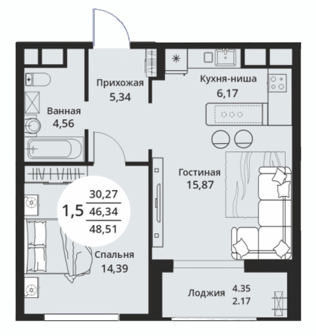 Планировка 1-комнатные квартиры, 48.51 m2 в ЖК Athletic City, в г. Нур-Султана (Астаны)
