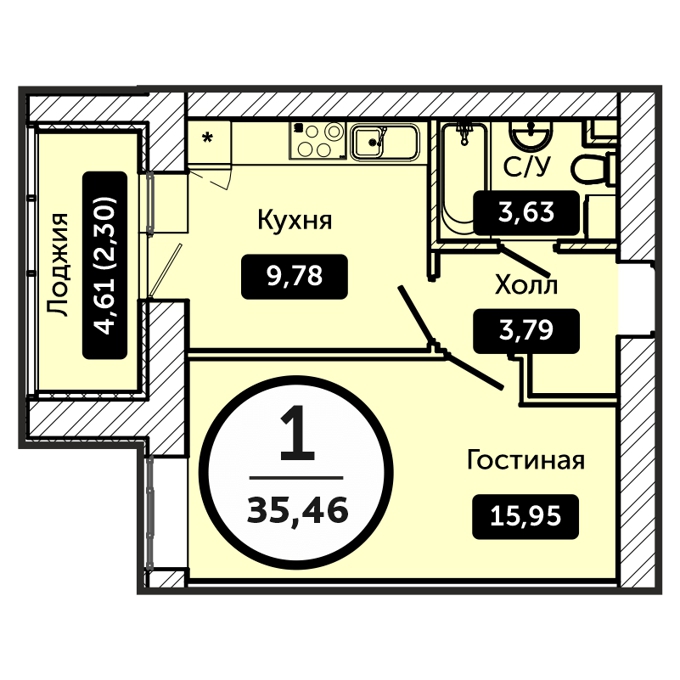 Планировка 1-комнатные квартиры, 35.46 m2 в ЖК Koktal Apartments, в г. Нур-Султана (Астаны)