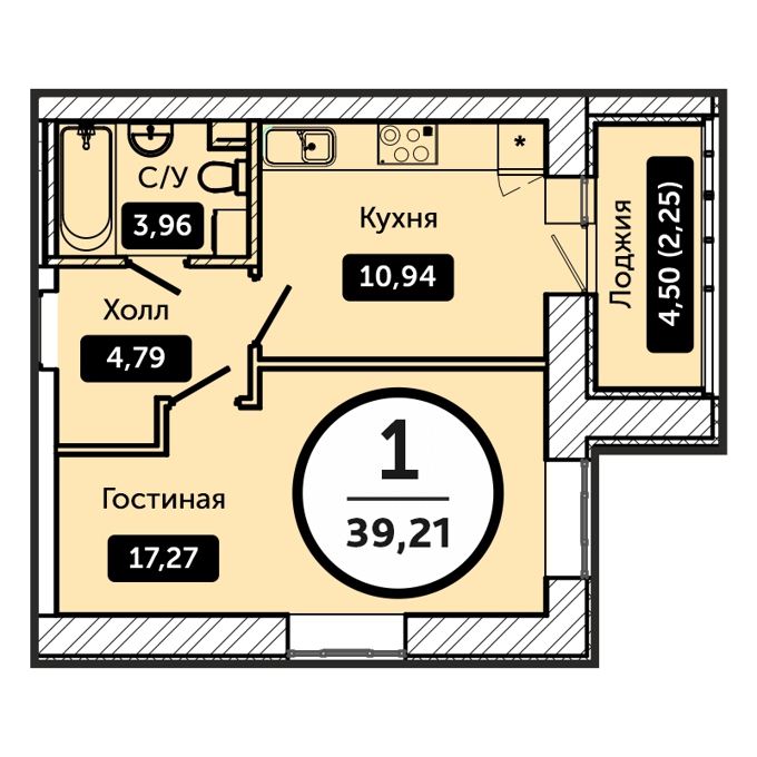 Планировка 1-комнатные квартиры, 39.21 m2 в ЖК Koktal Apartments, в г. Нур-Султана (Астаны)