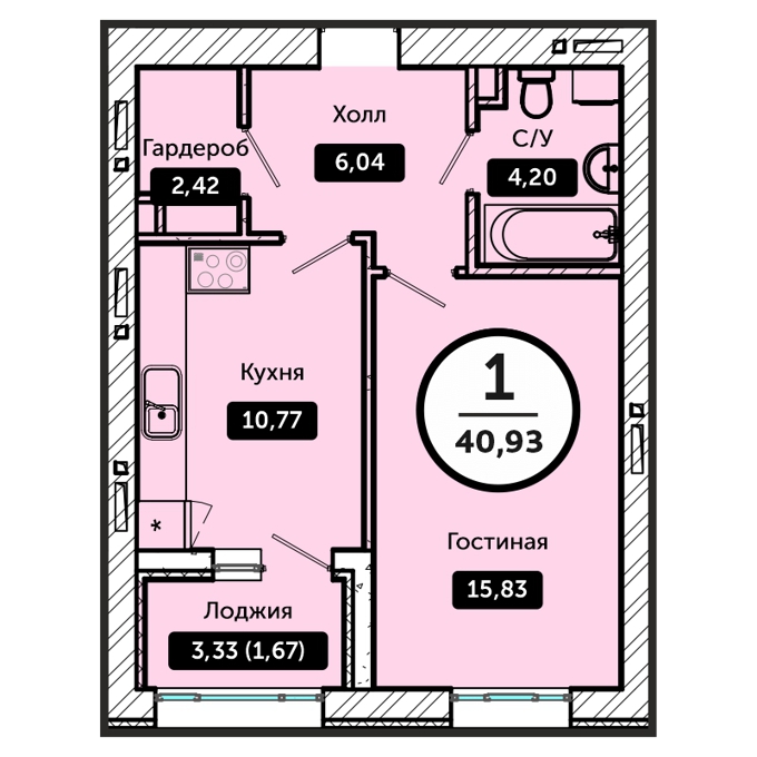 Планировка 1-комнатные квартиры, 40.93 m2 в ЖК Koktal Apartments, в г. Нур-Султана (Астаны)