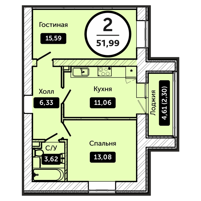 Планировка 2-комнатные квартиры, 51.99 m2 в ЖК Koktal Apartments, в г. Нур-Султана (Астаны)