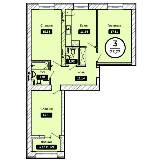 Планировка 3-комнатные квартиры, 75.77 m2 в ЖК Koktal Apartments, в г. Нур-Султана (Астаны)