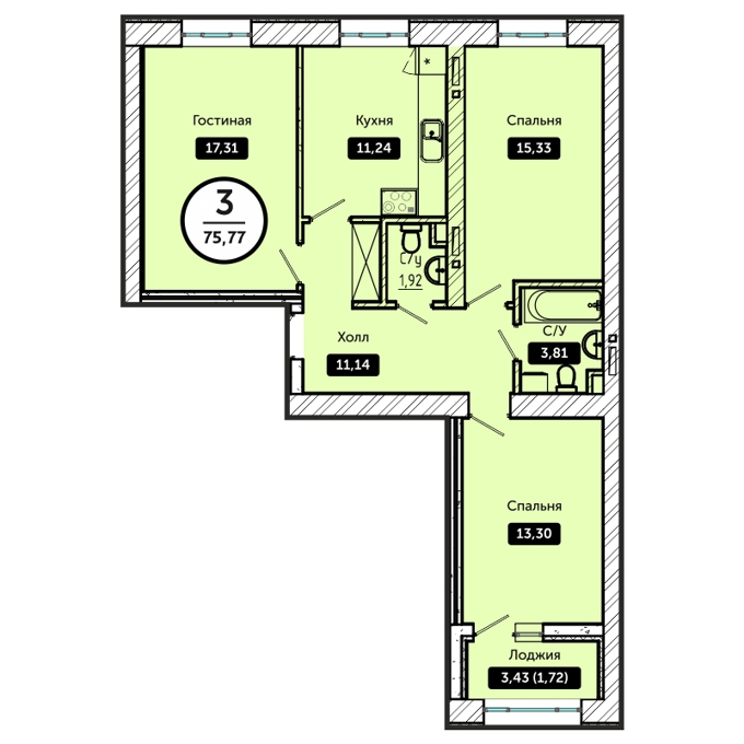 Планировка 3-комнатные квартиры, 75.77 m2 в ЖК Koktal Apartments, в г. Нур-Султана (Астаны)